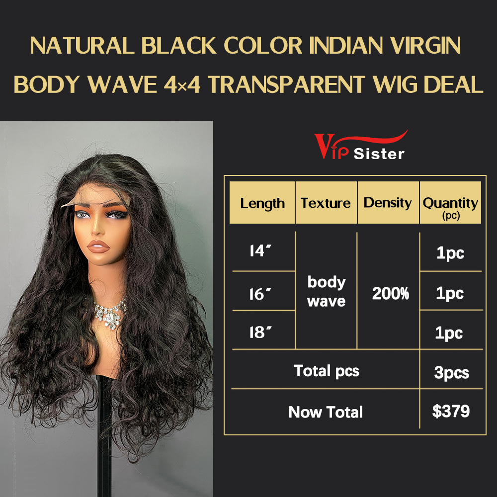 VipSister 3pcs 4X4 Transparent Closure Lace Virgin Human Hair With Alignted Cuticles  Wig Deal