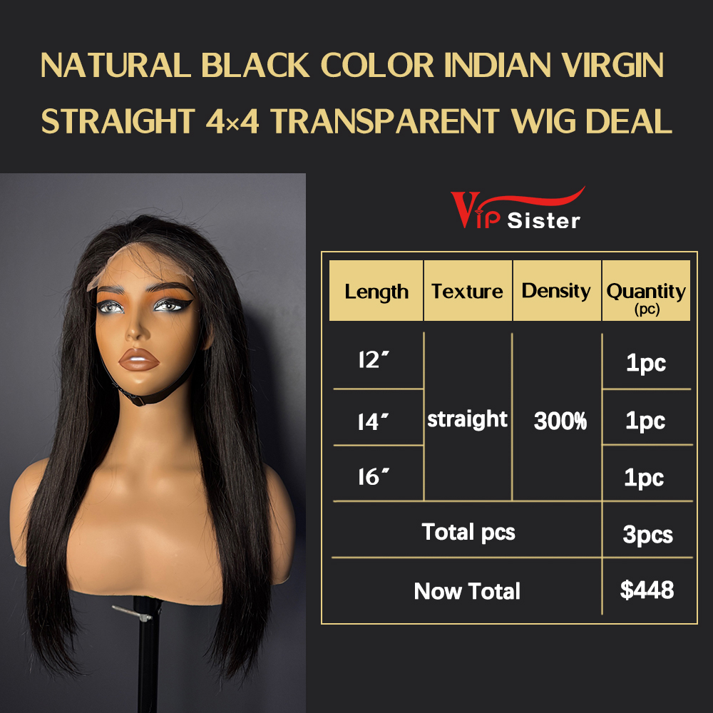 VipSister 3pcs 4X4 Transparent Closure Lace Virgin Human Hair With Alignted Cuticles  Wig Deal