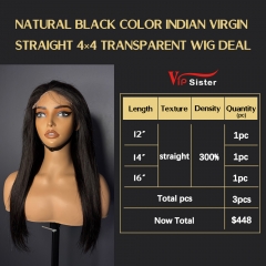 VipSister 3pcs 4X4 Transparent Closure Lace Virgin Human Hair With Alignted Cuticles  Wig Deal