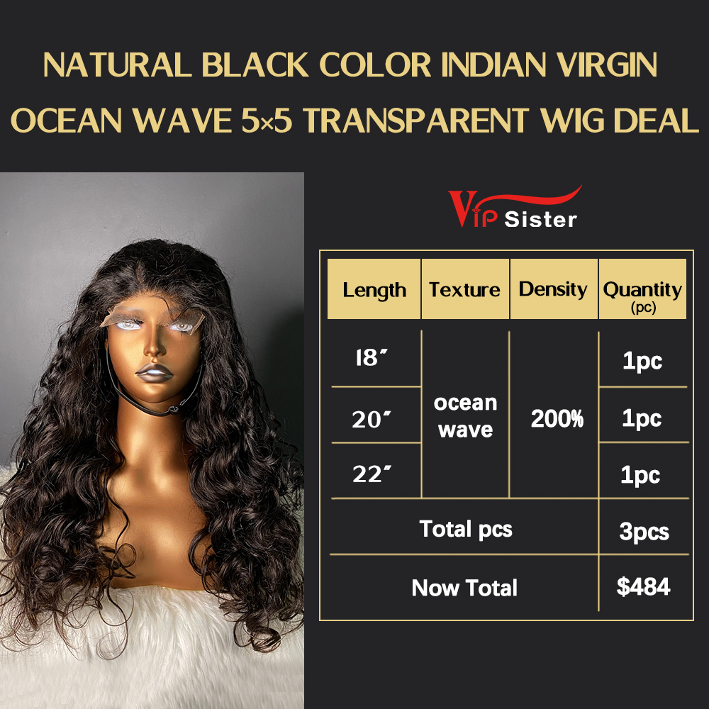 VipSister 3pcs 5X5 Transparent Closure Lace Virgin Human Hair With Alignted Cuticles  Wig Deal