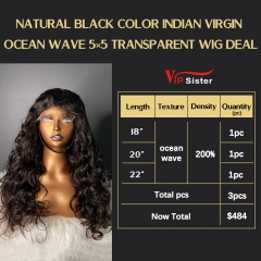 VipSister 3pcs 5X5 Transparent Closure Lace Virgin Human Hair With Alignted Cuticles  Wig Deal