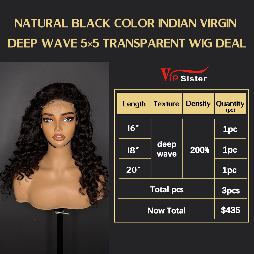 VipSister 3pcs 5X5 Transparent Closure Lace Virgin Human Hair With Alignted Cuticles  Wig Deal