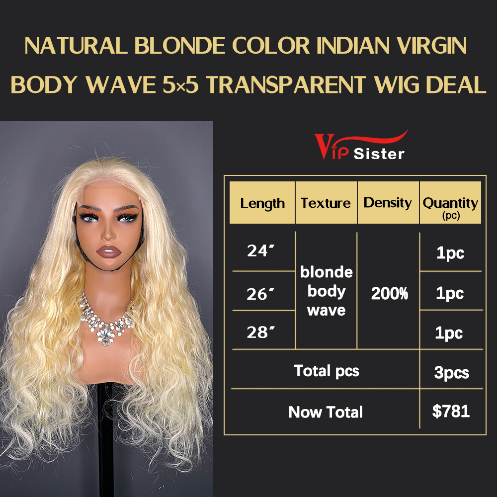 VipSister 3pcs 5X5 Transparent Closure Lace Virgin Human Hair With Alignted Cuticles  Wig Deal