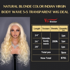 VipSister 3pcs 5X5 Transparent Closure Lace Virgin Human Hair With Alignted Cuticles  Wig Deal