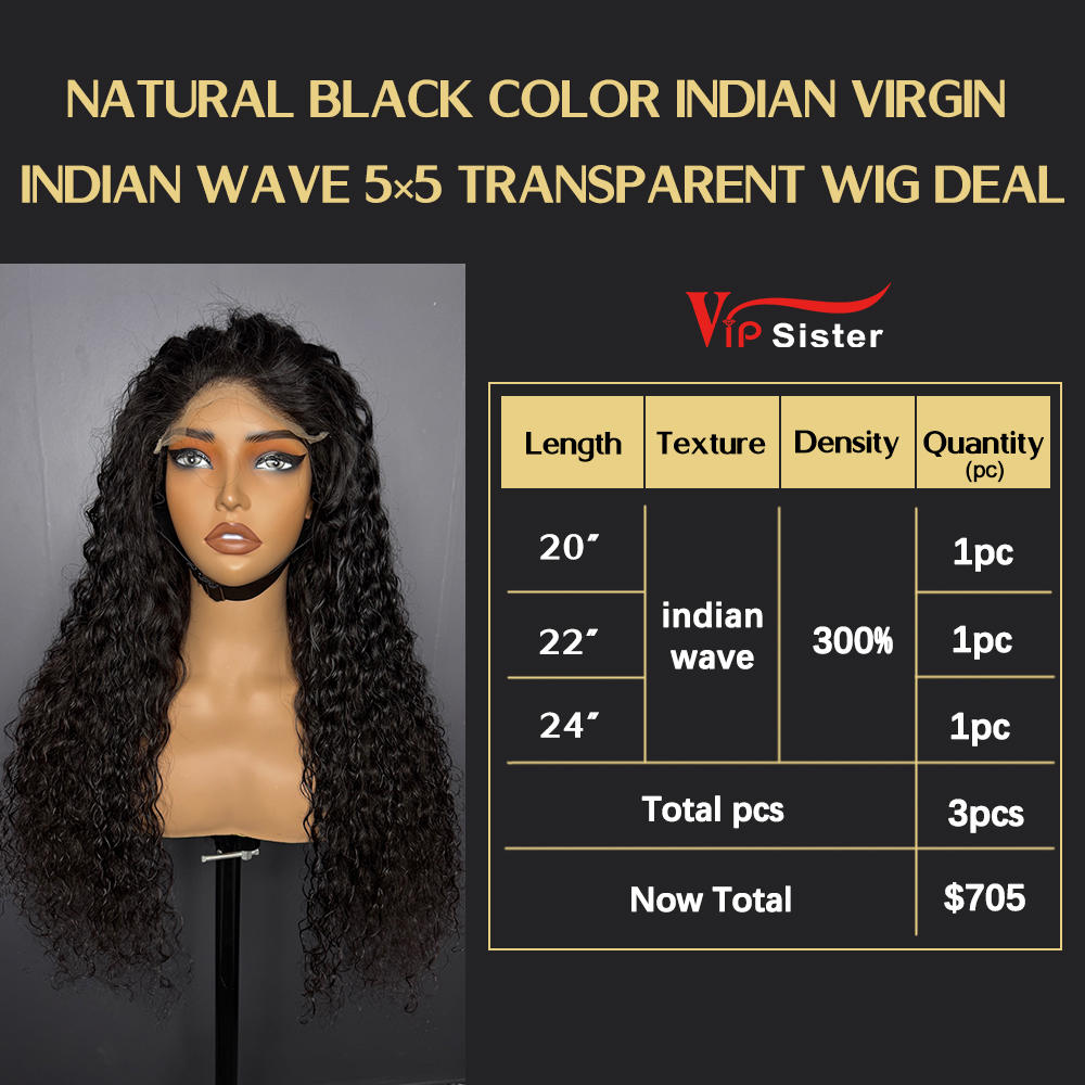 VipSister 3pcs 5X5 Transparent Closure Lace Virgin Human Hair With Alignted Cuticles  Wig Deal