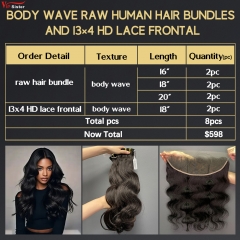 6 pcs Raw Human Hair Bundle With Alignted Cuticles Body Wave and 2 Pcs 13x4 HD Lace Deal