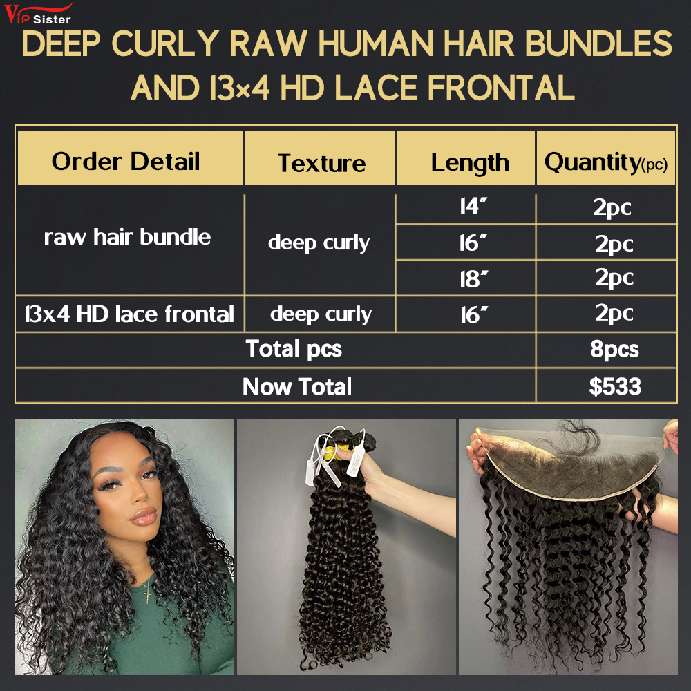 6 pcs Raw Human Hair Bundle With Alignted Cuticles Deep Curly and 2 Pcs 13x4 HD Lace Deal