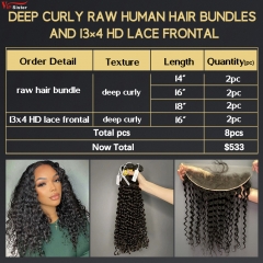 6 pcs Raw Human Hair Bundle With Alignted Cuticles Deep Curly and 2 Pcs 13x4 HD Lace Deal