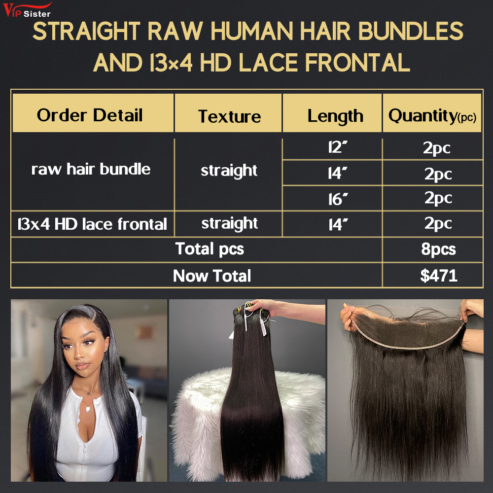 6 pcs Raw Human Hair Bundle With Alignted Cuticles Straight and 2 Pcs 13x4 HD Lace Deal