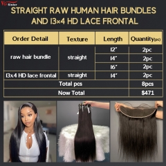 6 pcs Raw Human Hair Bundle With Alignted Cuticles Straight and 2 Pcs 13x4 HD Lace Deal