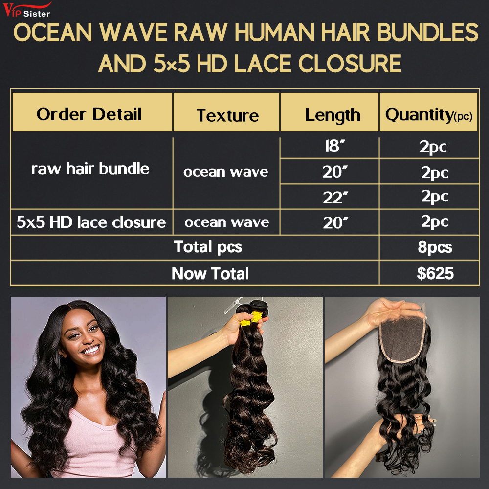 6 pcs Raw Human Hair Bundle With Alignted Cuticles Ocean Wave and 2 Pcs 5x5 HD Lace Deal