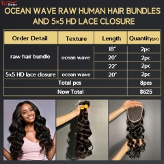 6 pcs Raw Human Hair Bundle With Alignted Cuticles Ocean Wave and 2 Pcs 5x5 HD Lace Deal