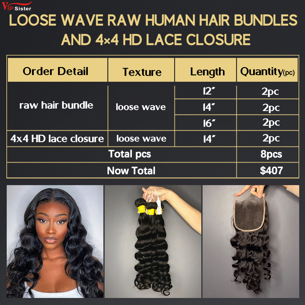6 pcs Raw Human Hair Bundle With Alignted Cuticles Loose Wave and 2 Pcs 5x5 HD Lace Deal