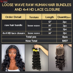 6 pcs Raw Human Hair Bundle With Alignted Cuticles Loose Wave and 2 Pcs 5x5 HD Lace Deal