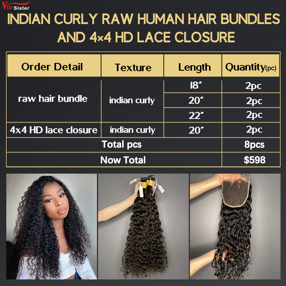 6 pcs Raw Human Hair Bundle With Alignted Cuticles Indian Curly and 2 Pcs 4x4 HD Lace Deal