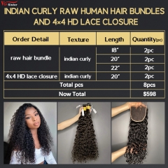 6 pcs Raw Human Hair Bundle With Alignted Cuticles Indian Curly and 2 Pcs 4x4 HD Lace Deal