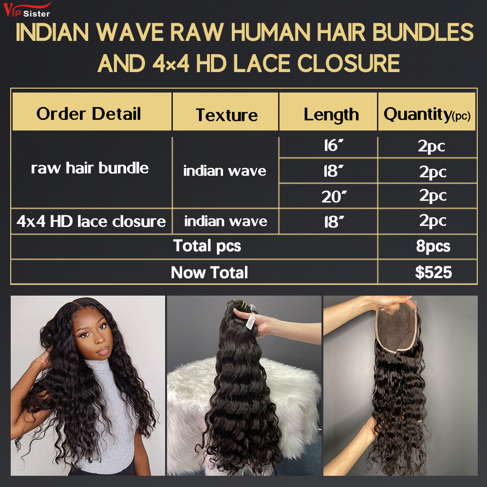 6 pcs Raw Human Hair Bundle With Alignted Cuticles Indian Wave and 2 Pcs 4x4 HD Lace Deal