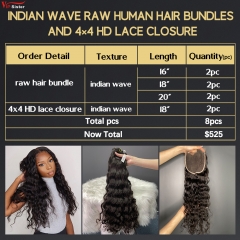 6 pcs Raw Human Hair Bundle With Alignted Cuticles Indian Wave and 2 Pcs 4x4 HD Lace Deal
