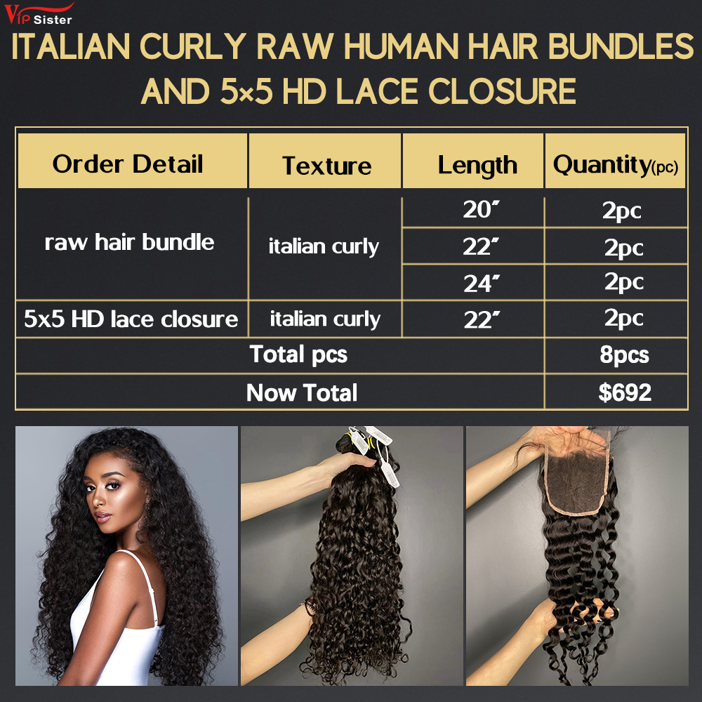 6 pcs Raw Human Hair Bundle With Alignted Cuticles Italian Curly and 2 Pcs 5x5 HD Lace Deal