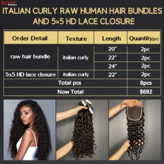 6 pcs Raw Human Hair Bundle With Alignted Cuticles Italian Curly and 2 Pcs 5x5 HD Lace Deal