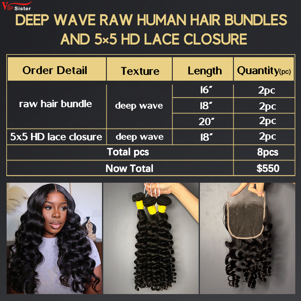 6 pcs Raw Human Hair Bundle With Alignted Cuticles Deep Wave and 2 Pcs 5x5 HD Lace Deal