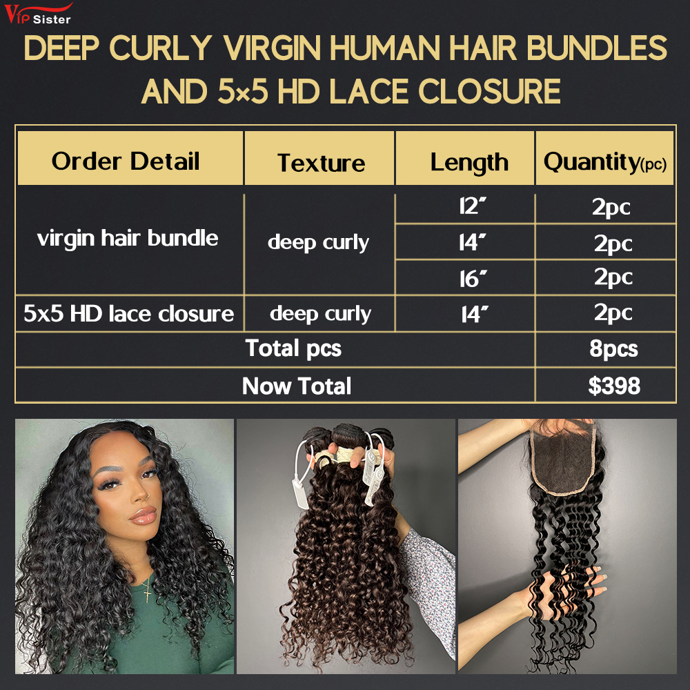 6 pcs Virgin Human Hair Bundle With Alignted Cuticles Deep Curly and 2 Pcs 5x5 HD Lace Deal