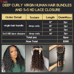 6 pcs Virgin Human Hair Bundle With Alignted Cuticles Deep Curly and 2 Pcs 5x5 HD Lace Deal