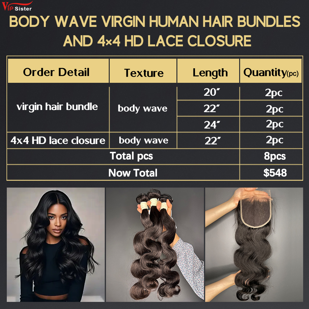 6 pcs Virgin Human Hair Bundle With Alignted Cuticles Body Wave and 2 Pcs 4x4 HD Lace Deal