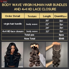 6 pcs Virgin Human Hair Bundle With Alignted Cuticles Body Wave and 2 Pcs 4x4 HD Lace Deal