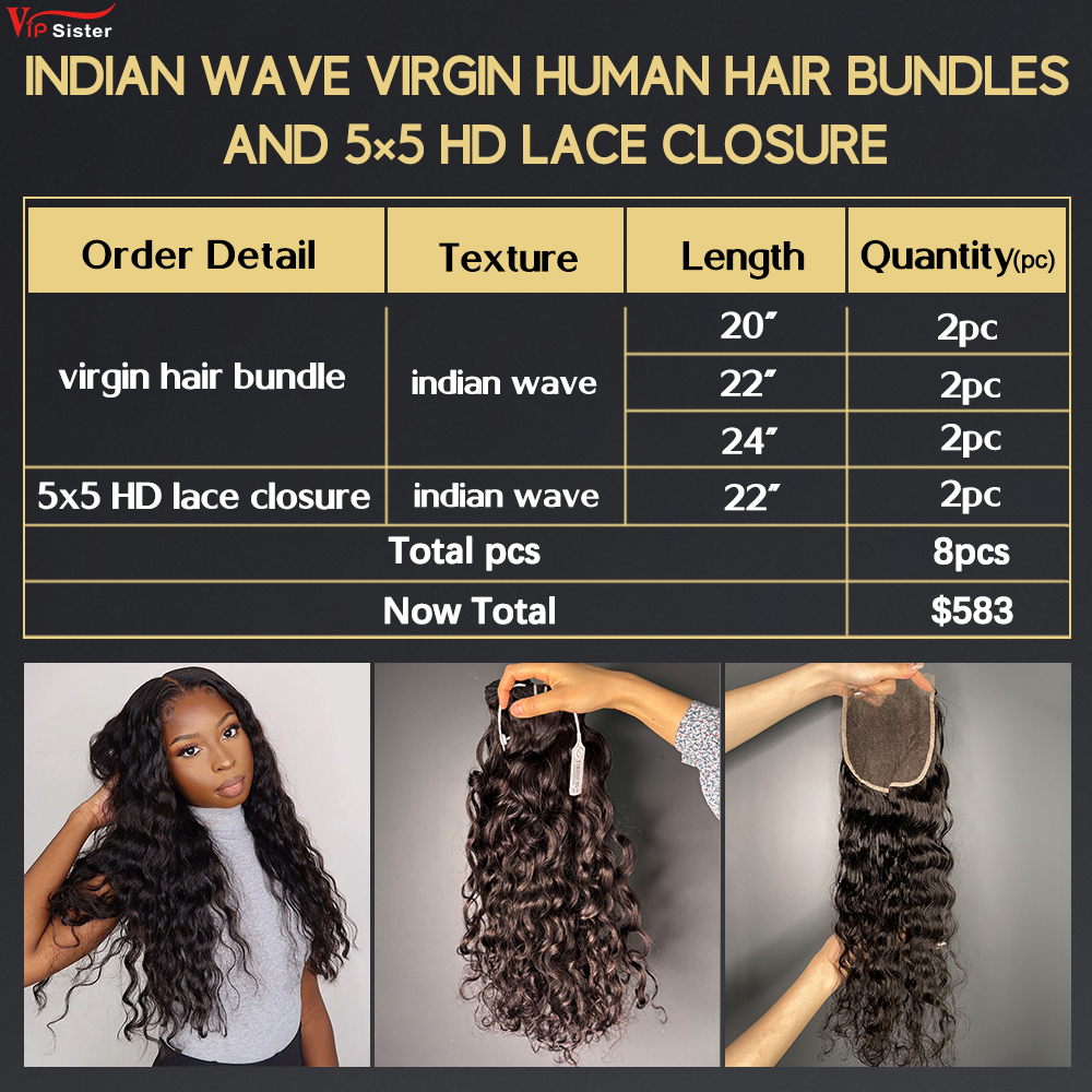 6 pcs Virgin Human Hair Bundle With Alignted Cuticles Indian Wave and 2 Pcs 5x5 HD Lace Deal