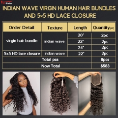 6 pcs Virgin Human Hair Bundle With Alignted Cuticles Indian Wave and 2 Pcs 5x5 HD Lace Deal