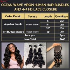 6 pcs Virgin Human Hair Bundle With Alignted Cuticles Ocean Wave and 2 Pcs 4x4 HD Lace Deal