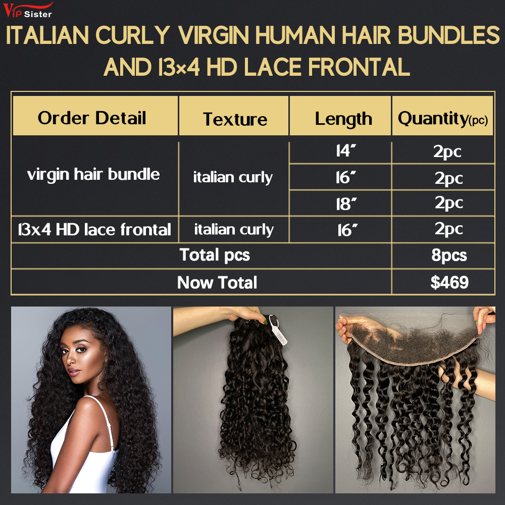 6 pcs Virgin Human Hair Bundle With Alignted Cuticles Italian Curly and 2 Pcs 13x4 HD Lace Deal