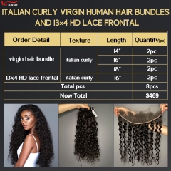 6 pcs Virgin Human Hair Bundle With Alignted Cuticles Italian Curly and 2 Pcs 13x4 HD Lace Deal