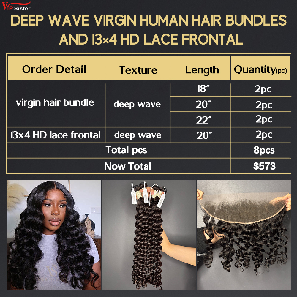 6 pcs Virgin Human Hair Bundle With Alignted Cuticles Deep Wave and 2 Pcs 13x4 HD Lace Deal