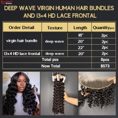 6 pcs Virgin Human Hair Bundle With Alignted Cuticles Deep Wave and 2 Pcs 13x4 HD Lace Deal