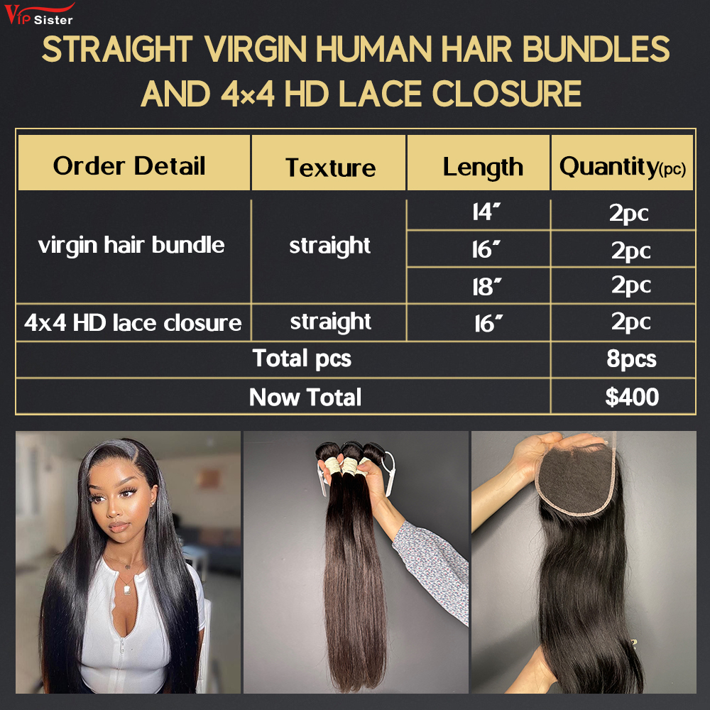 6 pcs Virgin Human Hair Bundle With Alignted Cuticles Straight and 2 Pcs 4x4 HD Lace Deal