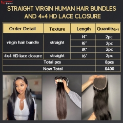 6 pcs Virgin Human Hair Bundle With Alignted Cuticles Straight and 2 Pcs 4x4 HD Lace Deal