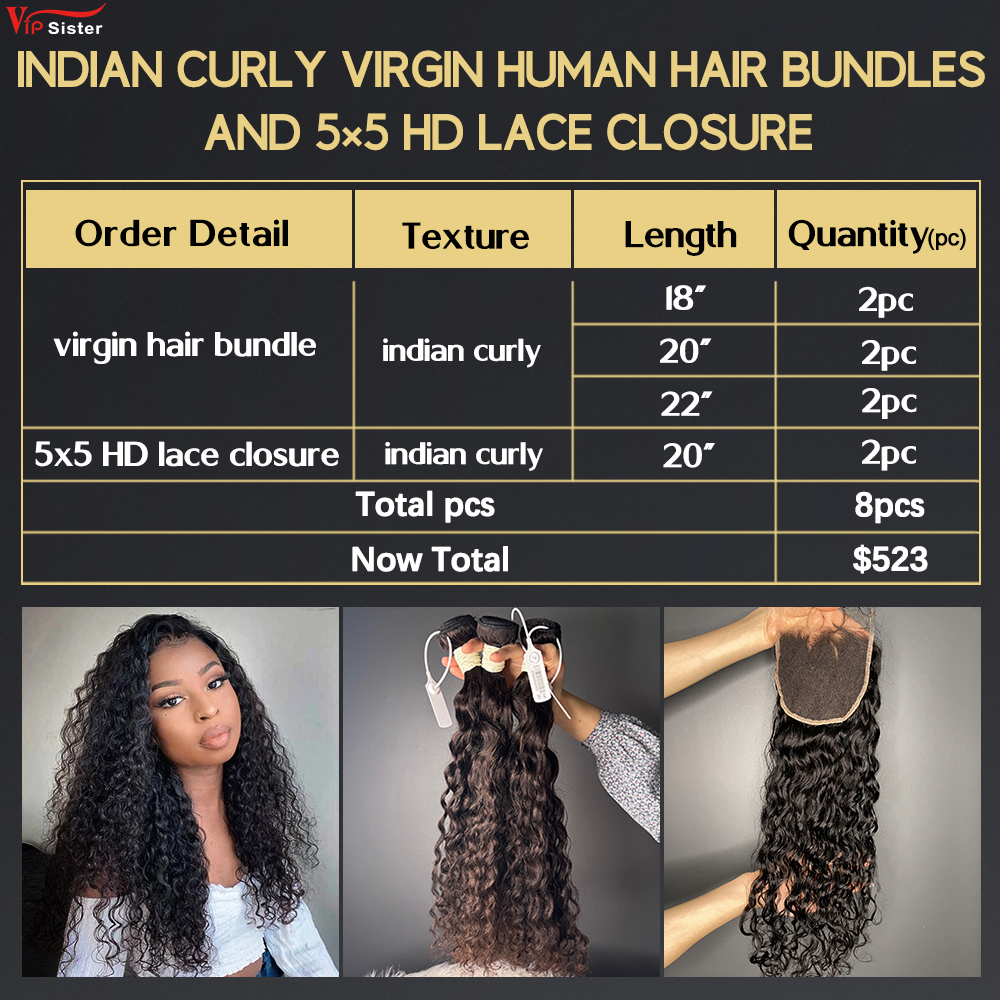 6 pcs Virgin Human Hair Bundle With Alignted Cuticles Indian Curly and 2 Pcs 5x5 HD Lace Deal