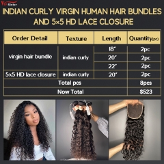 6 pcs Virgin Human Hair Bundle With Alignted Cuticles Indian Curly and 2 Pcs 5x5 HD Lace Deal