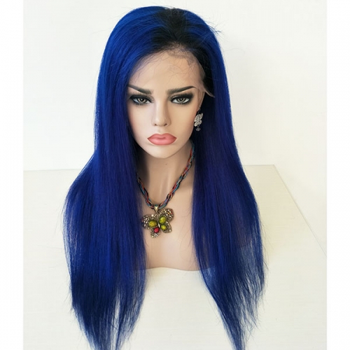 Ombre Blue With Dark Roots 1inch Straight Sidary Full Lace Human Hair Wig with Baby Hair
