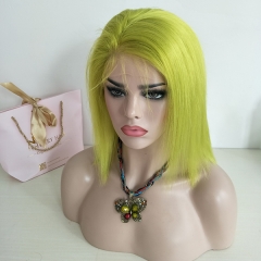 Sidary Bob Blunt Cut Straight Lime Green Baby Hair Around Human Hair Full Lace Wig Preplucked  Natural Hairline