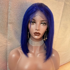 Sidary Hair Dark Color Blue Short Bob Virgin Straight Bleached Knots Lace Wigs