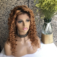Sidary Ombre Honey Blonde Human Hair Curly Wigs Dark Roots Ombre #27 Blonde Deep Curly Full Lace Wigs