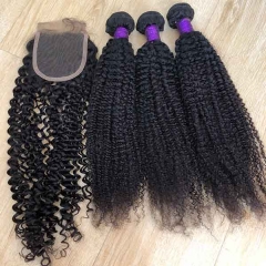 Transparent Lace Closure 4x4 With Kinky Curly Human Hair , 3 Bundles With Closure Brazilian Curly Hair With 4x4 Closure Sidary Hair