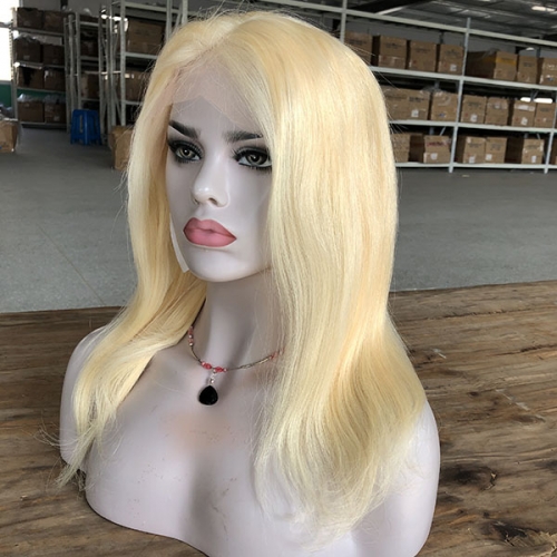 14Inch Pure 613 Blonde Straight Virgin Human Hair Lace Front Wigs With Baby Hair Free Part Sidary Hair Blonde Wig