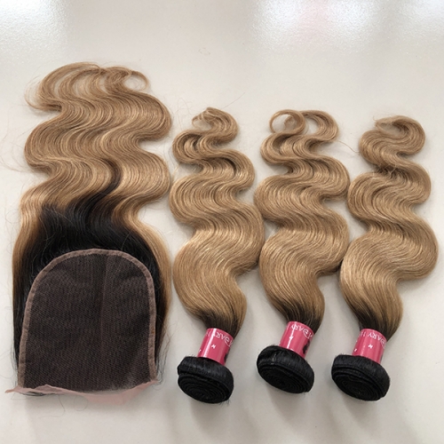 Sidary Two Tone 1B/27 Body Wave Hair 3 Bundles With 5x5 Lace Closure Ombre Hair Color With Dark Roots