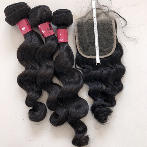 Sidary Hair Transparent Lace  4x4 Loose Wave Lace Closure With 3 Bundles Fast Shipping Natural Loose Wave Hairstyle