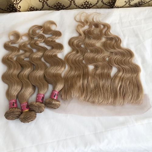 Honey Blonde #27 Color Body Wave Human Hair 3 Bundles With 13x4 Lace Frontal