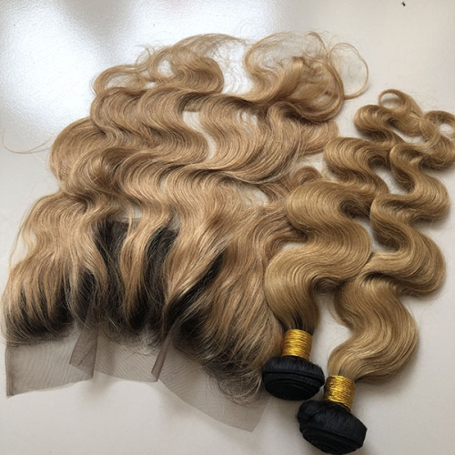 2 Tone Ombre Hair 3 Bundles With Frontal Virgin Hair Body Weft Human Hair Extensions 1b/27 ombre Blonde